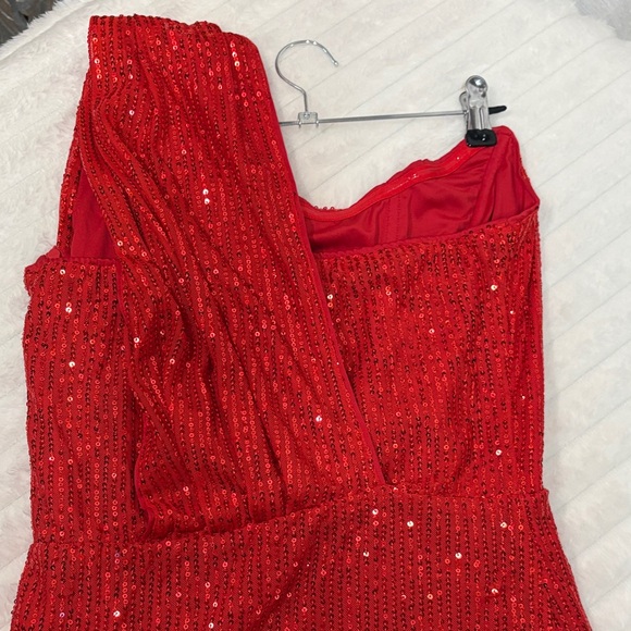 Shein Red Sequin One Shoulder Ruched Bodycon Mini Dress size L - Picture 9 of 11